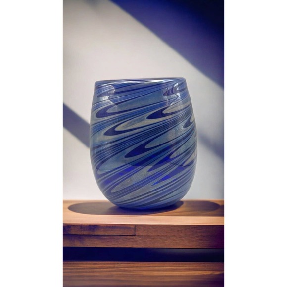 1992 Frederick Warren Art Cobalt Blue Glass Vase w/ Swirls of Blue & Silver - Picture 2 of 12